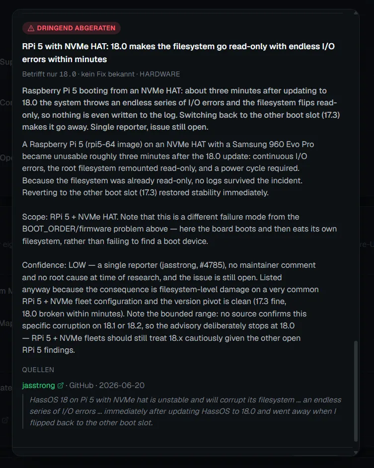 Aviso en HA Fleet Manager: HAOS 18.0 deja el sistema de archivos en solo lectura en una Raspberry Pi 5 con placa NVMe, severidad «totalmente desaconsejado», fuente issue #4785 de GitHub