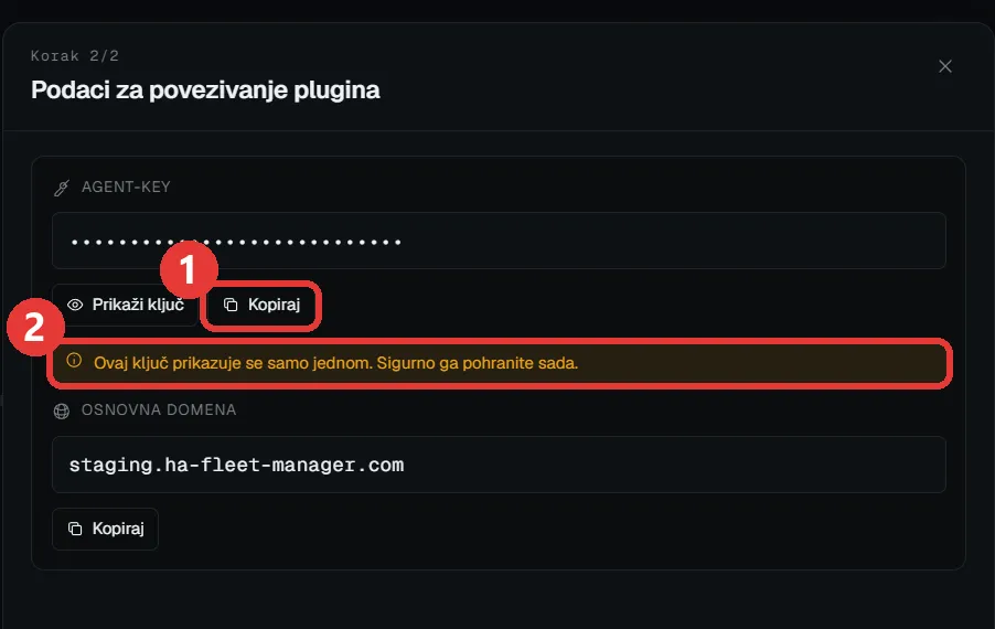 Panel s podacima za povezivanje: označen agent-key uz napomenu da se prikazuje samo jednom
