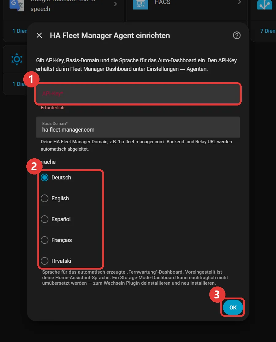 The HA Fleet Manager Agent setup dialog with the API key, language and base domain fields
