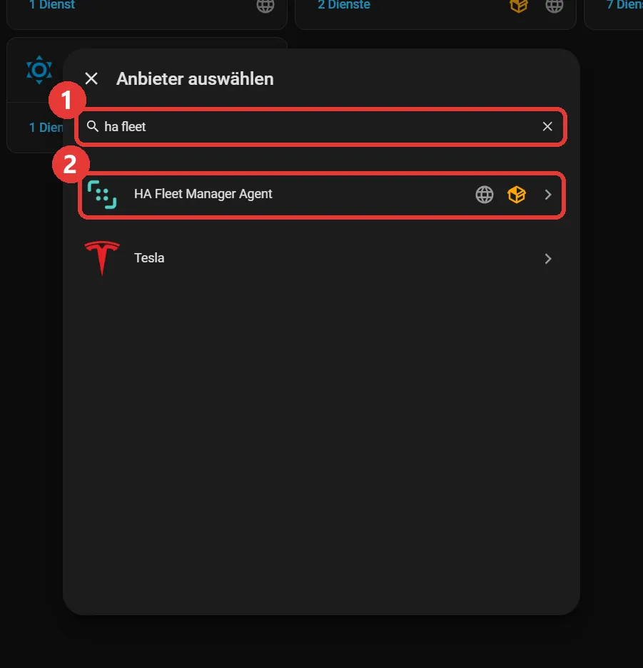 The Home Assistant integration search dialog showing the HA Fleet Manager Agent result