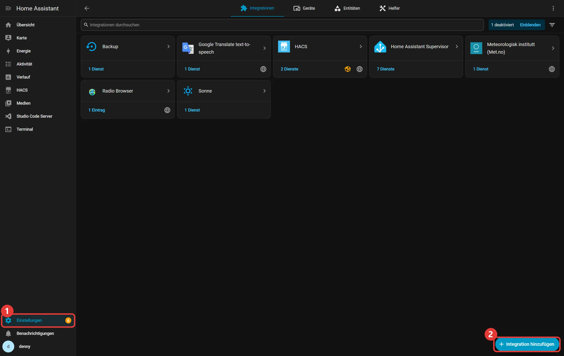 The Home Assistant "Devices & services" page with the Settings menu item marked and the "Add integration" button in the bottom-right corner
