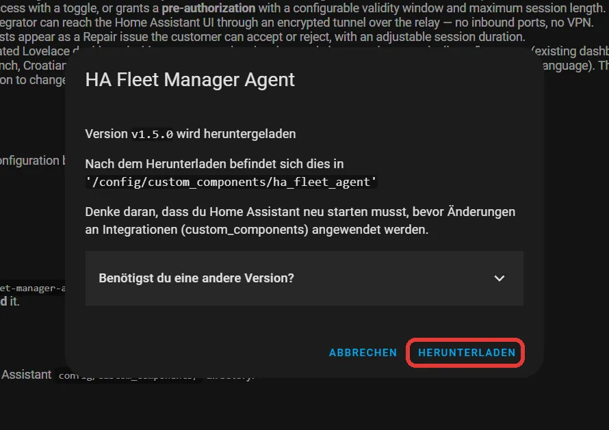 The HACS download dialog for the HA Fleet Manager Agent with the latest version preselected