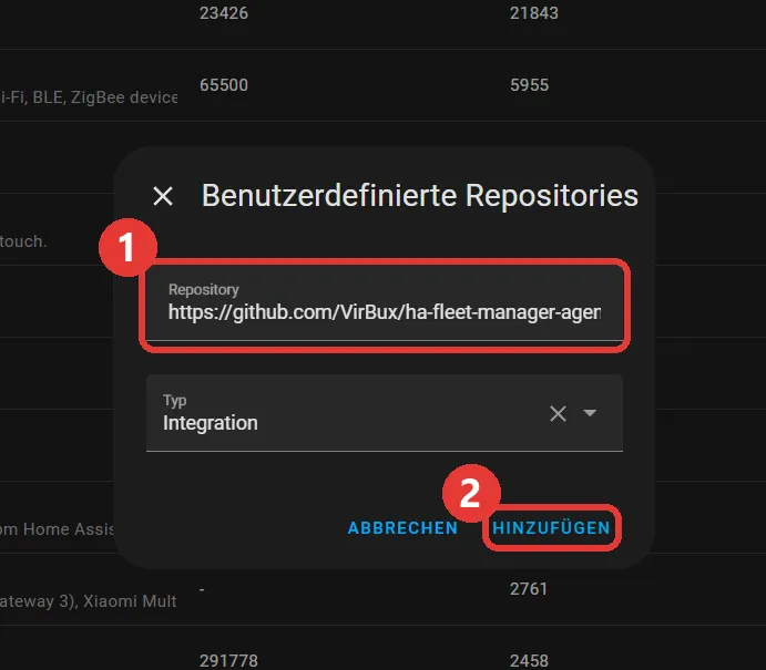 The HACS custom repositories dialog with the GitHub URL filled in, type "Integration" and the Add button