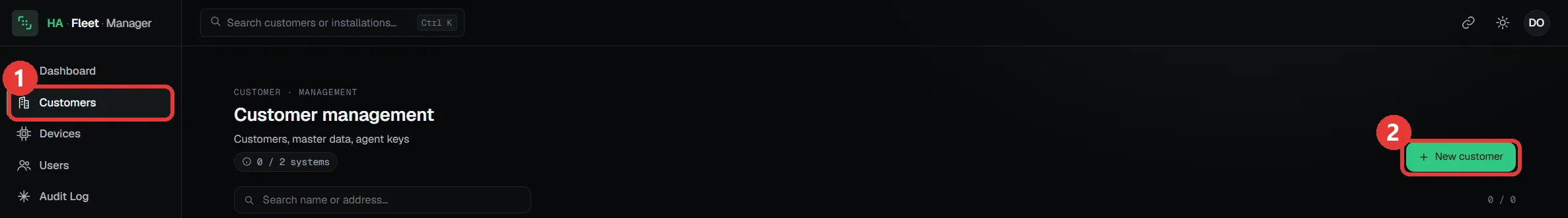 Customer management in the app with the Customers menu item marked and the "New customer" button